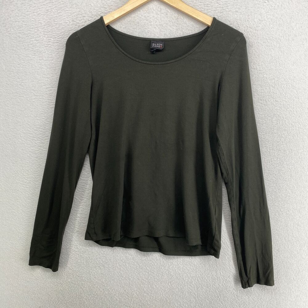 EILEEN FISHER Top XS Stretch Rayon Jersey Round Neck Long Sleeve Green USA